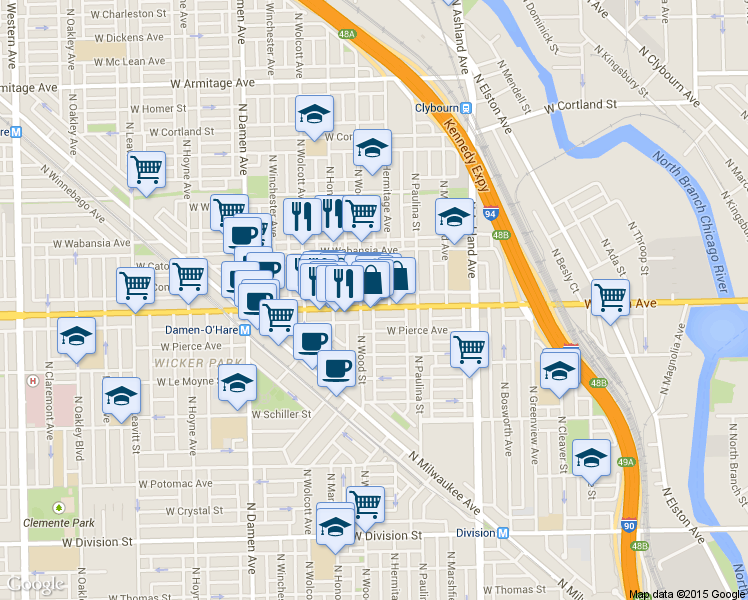map of restaurants, bars, coffee shops, grocery stores, and more near 1637 North Wood Street in Chicago