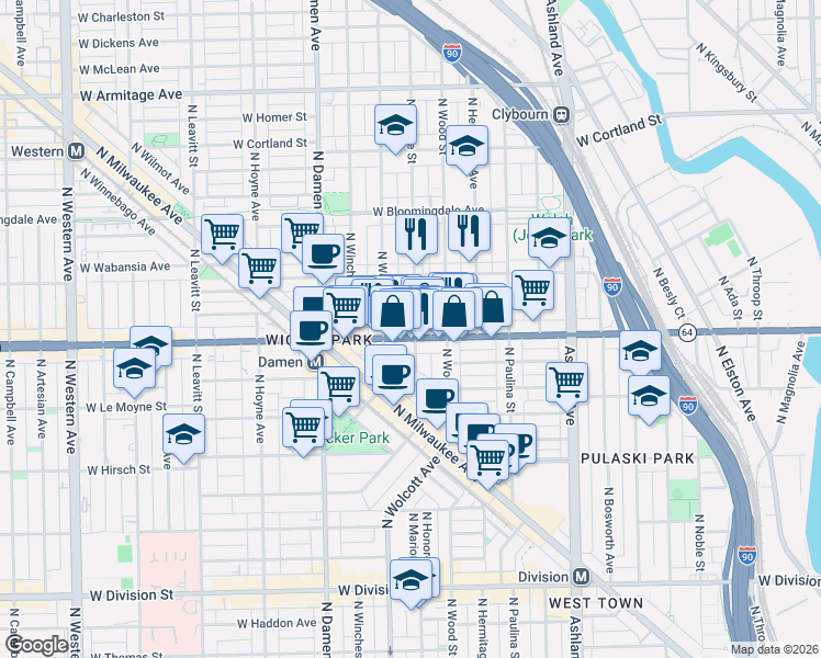 map of restaurants, bars, coffee shops, grocery stores, and more near 1629 North Honore Street in Chicago