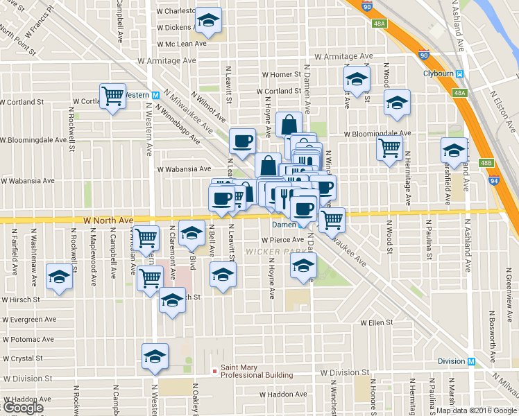 map of restaurants, bars, coffee shops, grocery stores, and more near 2124 West Concord Place in Chicago