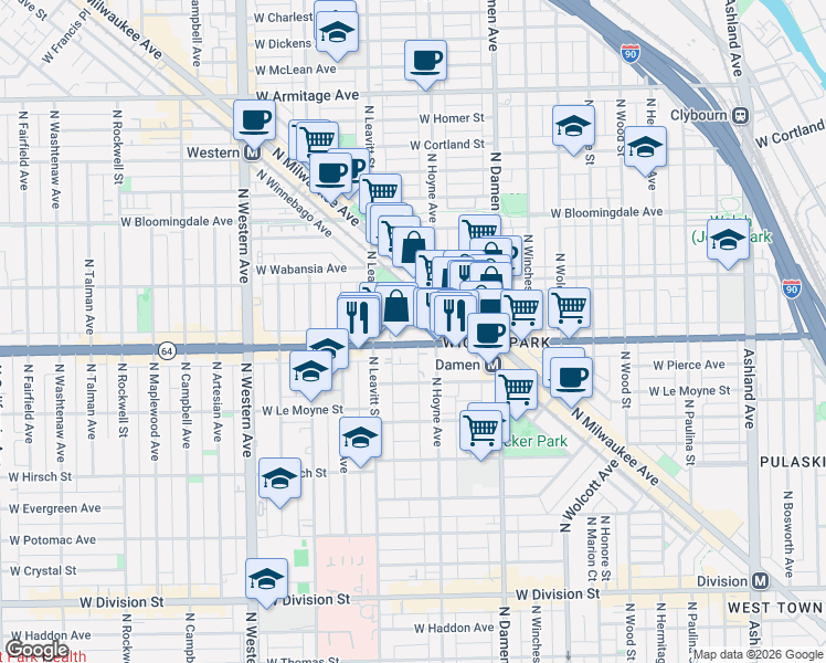 map of restaurants, bars, coffee shops, grocery stores, and more near 2124 West Concord Place in Chicago