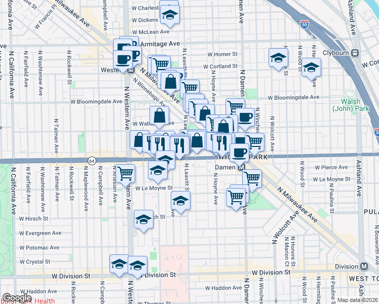 map of restaurants, bars, coffee shops, grocery stores, and more near 1638 North Leavitt Street in Chicago
