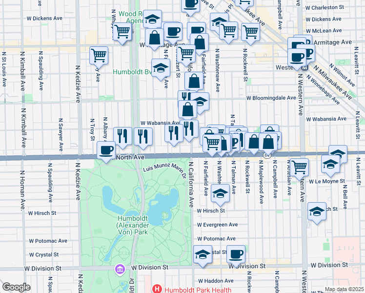 map of restaurants, bars, coffee shops, grocery stores, and more near 1638 North California Avenue in Chicago