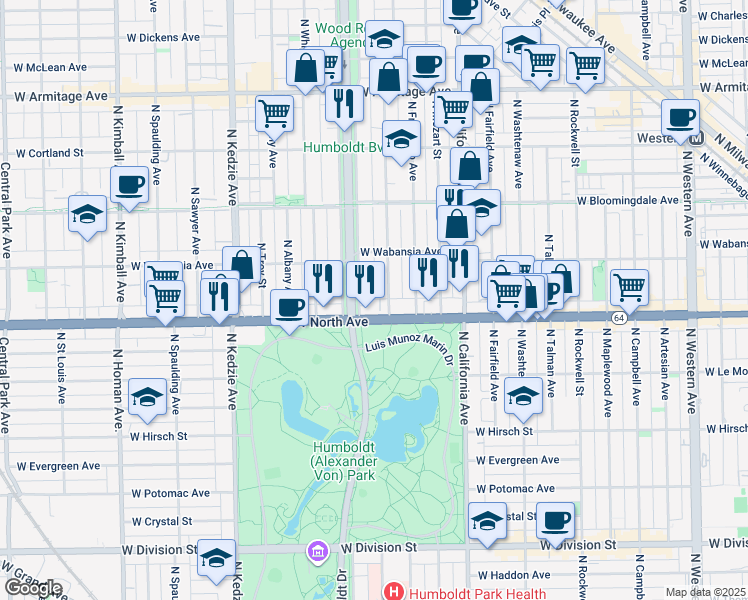 map of restaurants, bars, coffee shops, grocery stores, and more near 1642 North Richmond Street in Chicago