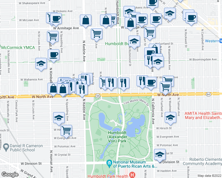 map of restaurants, bars, coffee shops, grocery stores, and more near 1644 North Whipple Street in Chicago