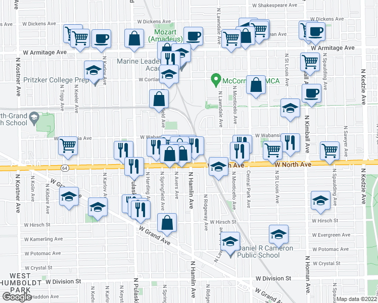map of restaurants, bars, coffee shops, grocery stores, and more near 3803 West Wabansia Avenue in Chicago
