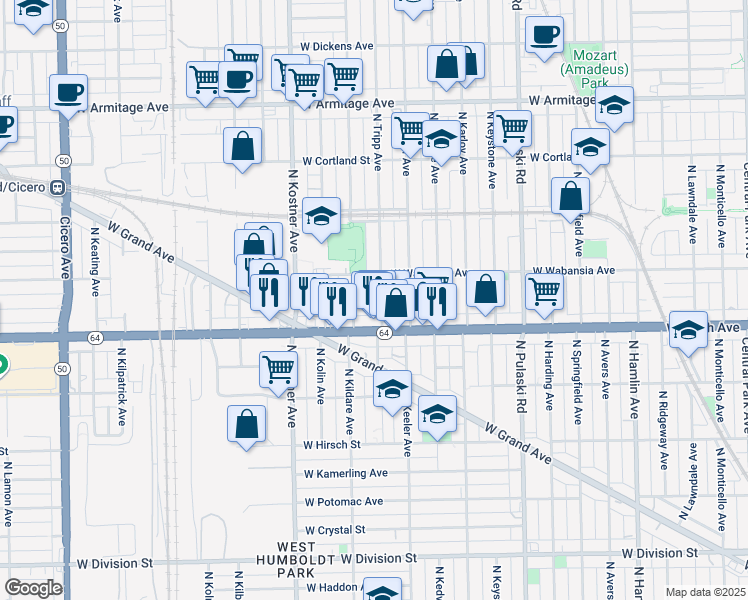 map of restaurants, bars, coffee shops, grocery stores, and more near 1657 North Kildare Avenue in Chicago