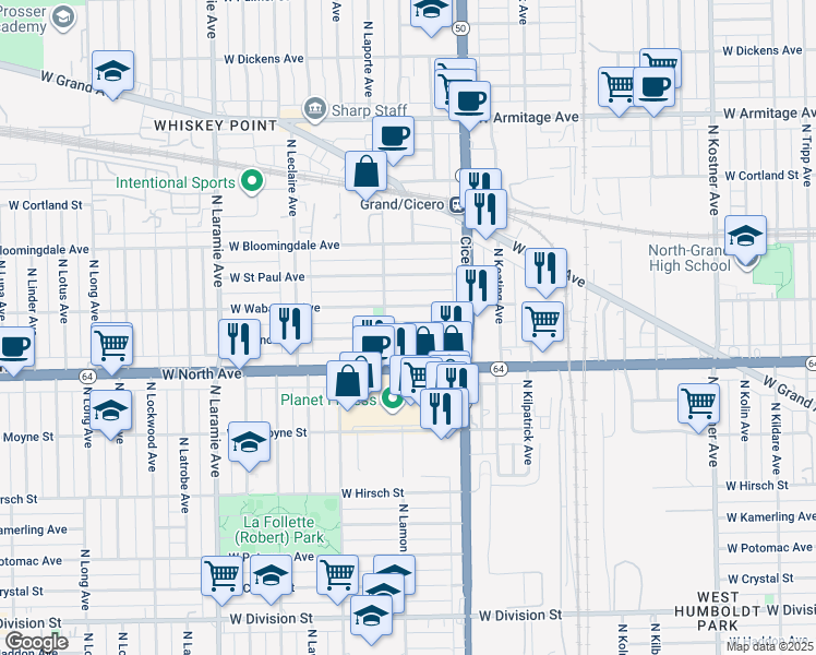 map of restaurants, bars, coffee shops, grocery stores, and more near 4864 West Wabansia Avenue in Chicago