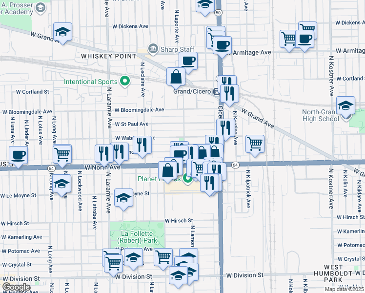 map of restaurants, bars, coffee shops, grocery stores, and more near 4920 West Wabansia Avenue in Chicago