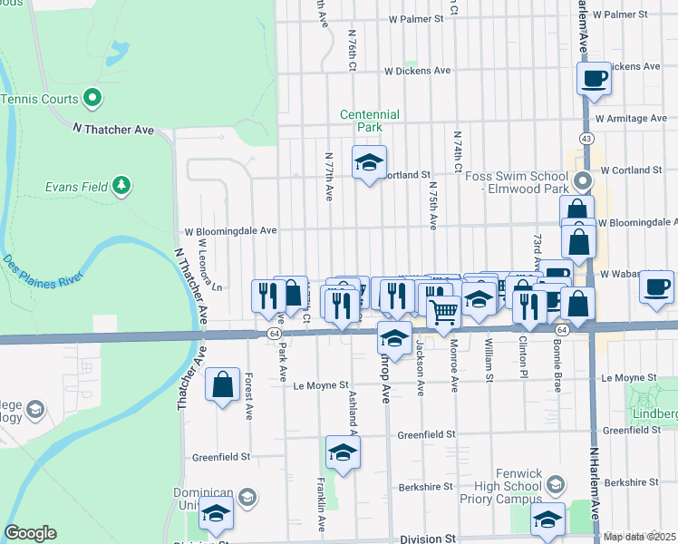 map of restaurants, bars, coffee shops, grocery stores, and more near 1723 North 77th Avenue in Elmwood Park