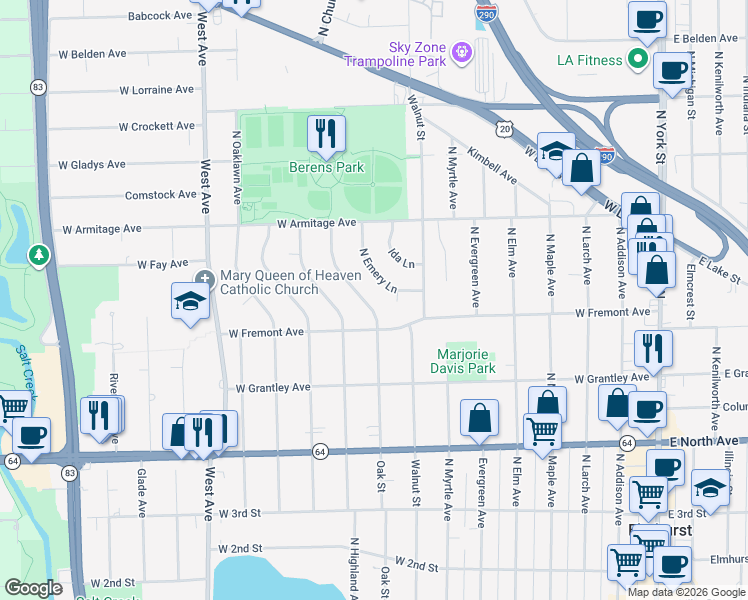 map of restaurants, bars, coffee shops, grocery stores, and more near 450 North Emery Lane in Elmhurst