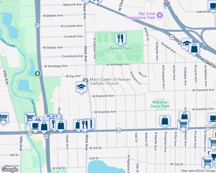 map of restaurants, bars, coffee shops, grocery stores, and more near 444 Highland Avenue in Elmhurst