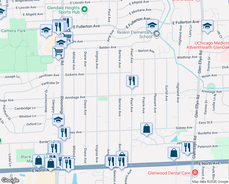 map of restaurants, bars, coffee shops, grocery stores, and more near 2N450 Bernice Avenue in Glen Ellyn