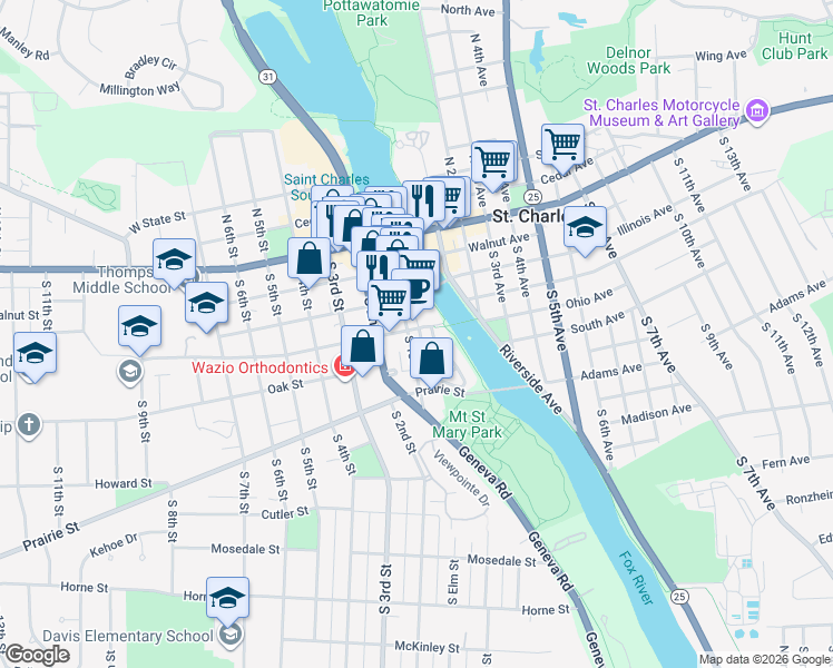 map of restaurants, bars, coffee shops, grocery stores, and more near 100 Illinois Street in St. Charles