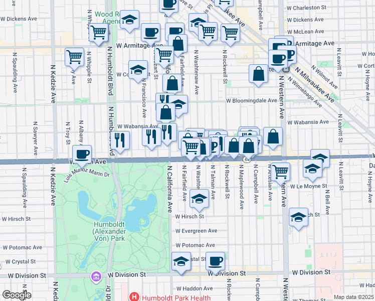 map of restaurants, bars, coffee shops, grocery stores, and more near 1617 North Fairfield Avenue in Chicago