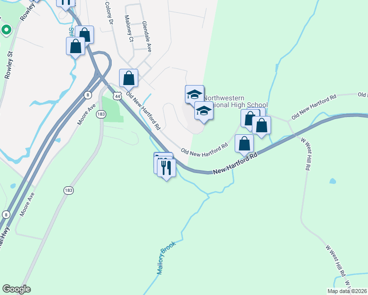 map of restaurants, bars, coffee shops, grocery stores, and more near 203 Old New Hartford Road in Winsted