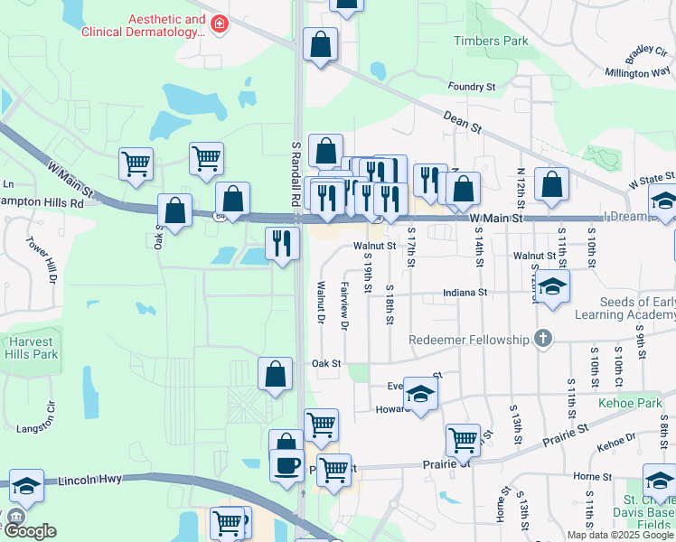 map of restaurants, bars, coffee shops, grocery stores, and more near 120 Walnut Drive in St. Charles