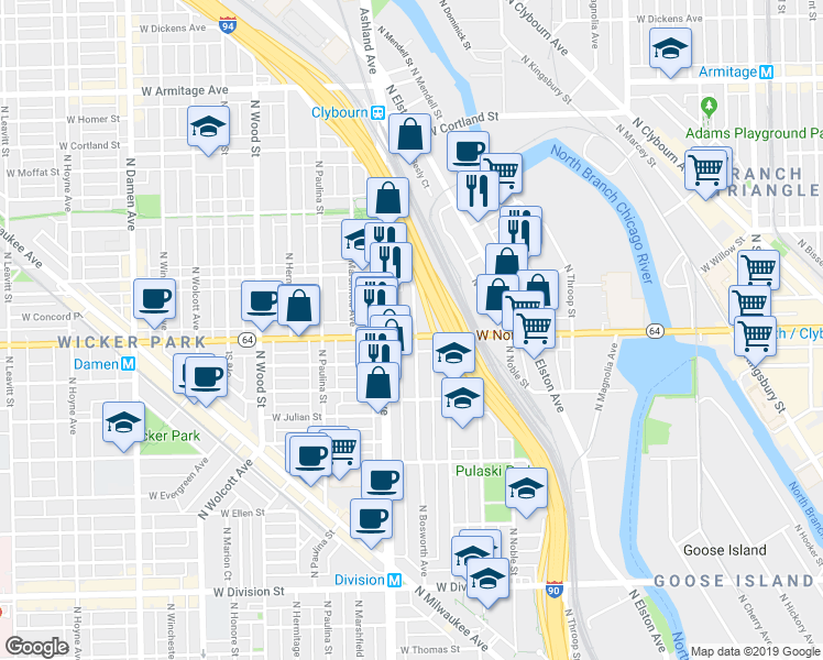 map of restaurants, bars, coffee shops, grocery stores, and more near 1536 West North Avenue in Chicago