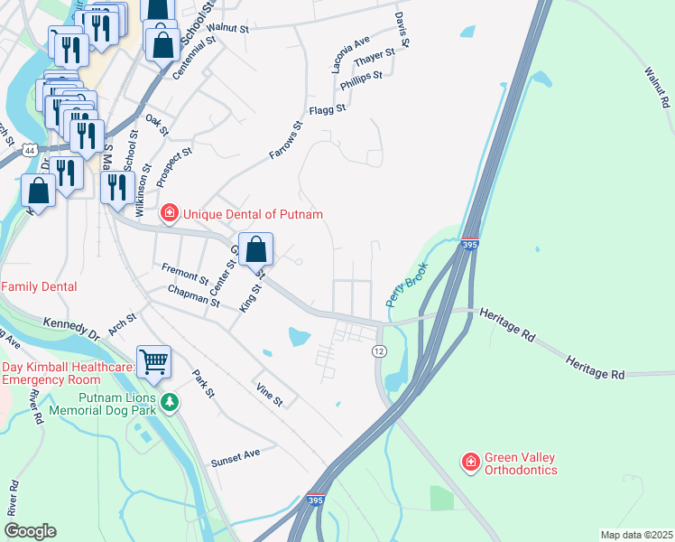 map of restaurants, bars, coffee shops, grocery stores, and more near 67 Perry Street in Putnam