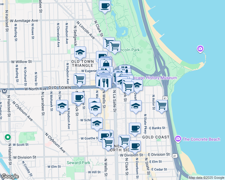 map of restaurants, bars, coffee shops, grocery stores, and more near 1609 North LaSalle Drive in Chicago