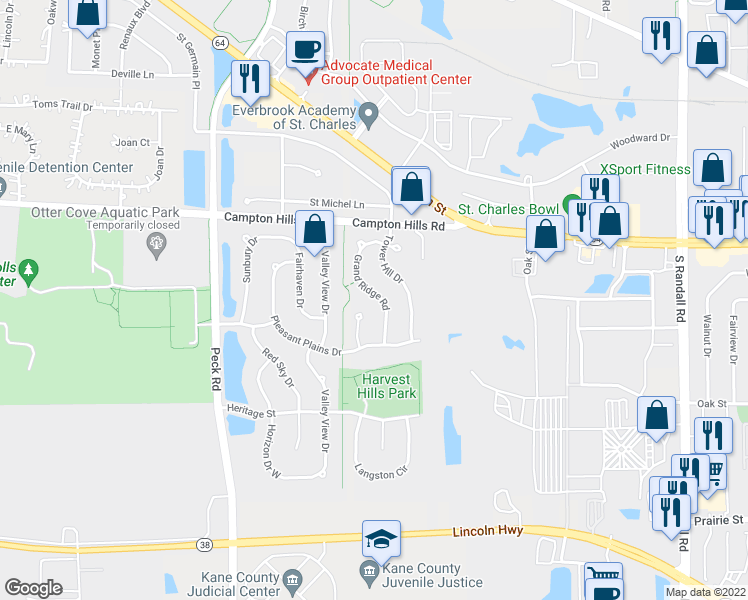 map of restaurants, bars, coffee shops, grocery stores, and more near 277 Grand Ridge Road in St. Charles