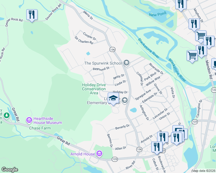 map of restaurants, bars, coffee shops, grocery stores, and more near 26 Linda Street in Lincoln