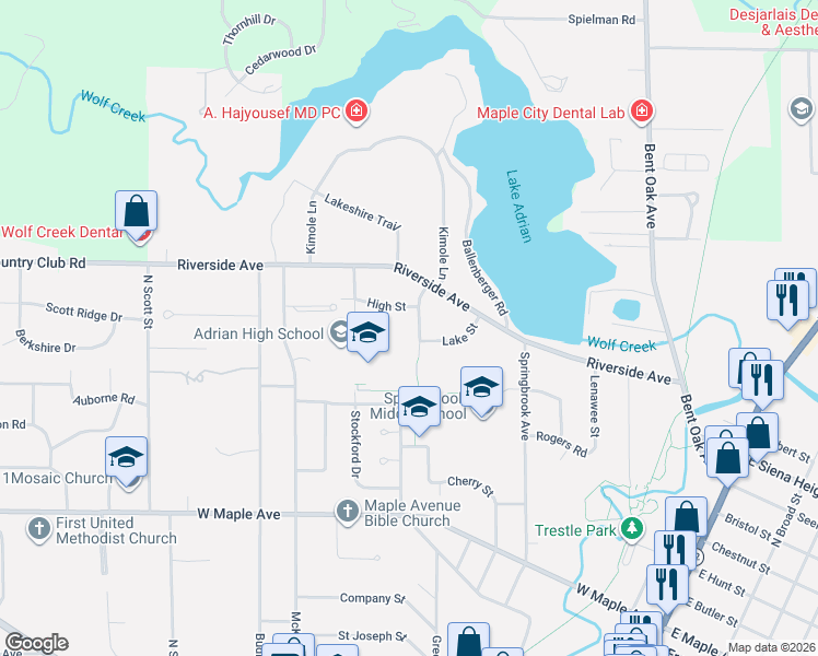 map of restaurants, bars, coffee shops, grocery stores, and more near 734 High Street in Adrian