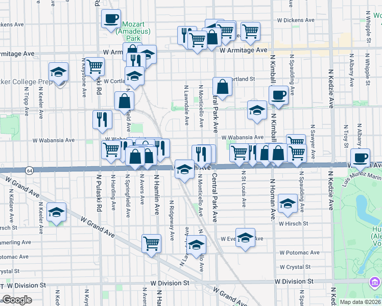 map of restaurants, bars, coffee shops, grocery stores, and more near 1627 North Lawndale Avenue in Chicago