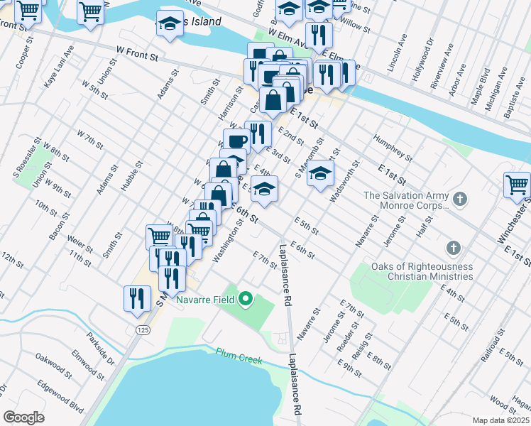 map of restaurants, bars, coffee shops, grocery stores, and more near 503 Washington Street in Monroe