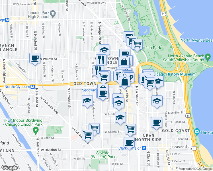 map of restaurants, bars, coffee shops, grocery stores, and more near 300 West North Avenue in Chicago