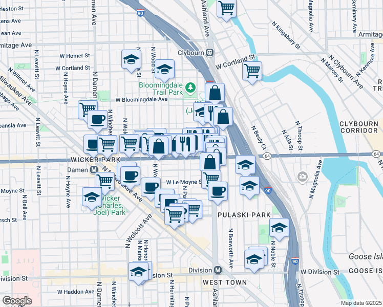 map of restaurants, bars, coffee shops, grocery stores, and more near 1628 North Marshfield Avenue in Chicago