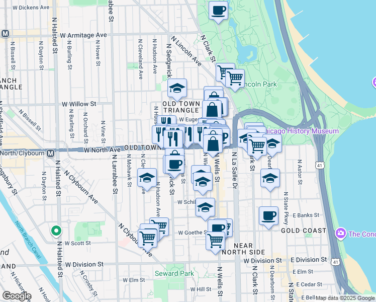 map of restaurants, bars, coffee shops, grocery stores, and more near 1552 North North Park Avenue in Chicago