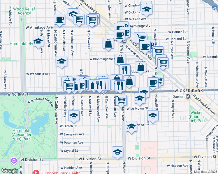 map of restaurants, bars, coffee shops, grocery stores, and more near 1617 North Campbell Avenue in Chicago