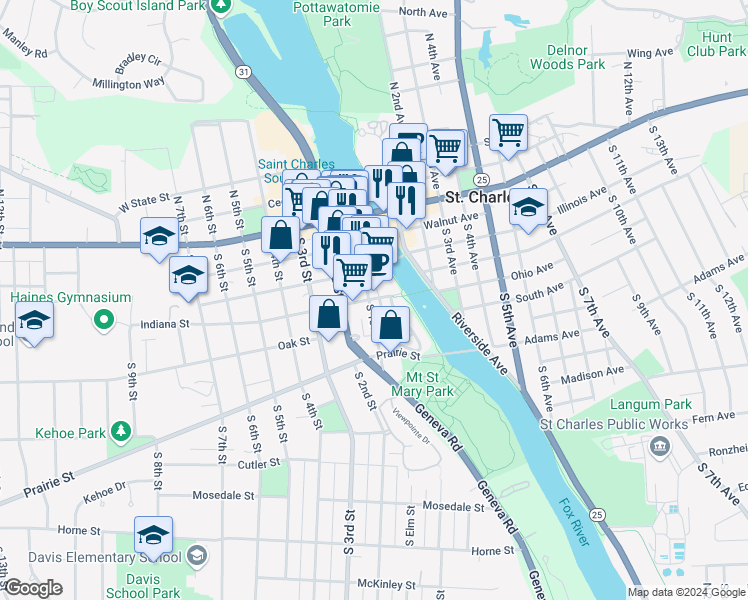 map of restaurants, bars, coffee shops, grocery stores, and more near 306 South 1st Street in St. Charles