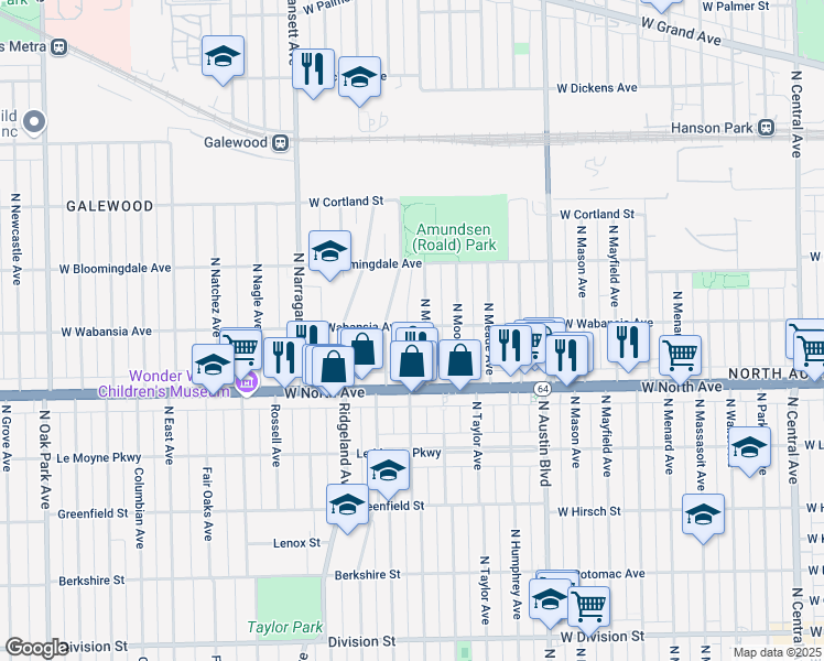 map of restaurants, bars, coffee shops, grocery stores, and more near 6213 West Wabansia Avenue in Chicago