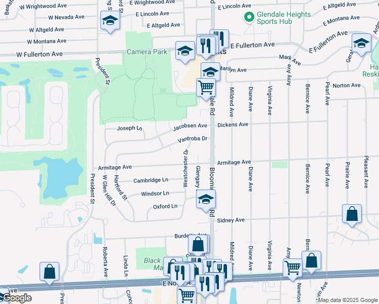 map of restaurants, bars, coffee shops, grocery stores, and more near 169 Vantroba Drive in Glendale Heights