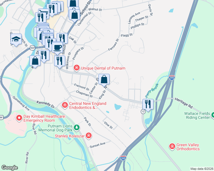 map of restaurants, bars, coffee shops, grocery stores, and more near 168 Grove Street in Putnam