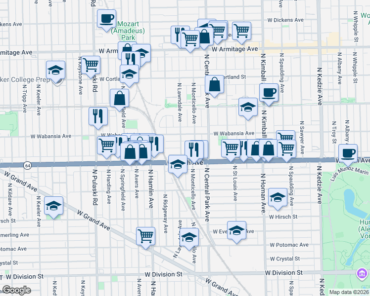 map of restaurants, bars, coffee shops, grocery stores, and more near 1627 North Lawndale Avenue in Chicago