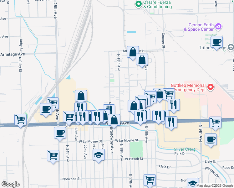 map of restaurants, bars, coffee shops, grocery stores, and more near 1978 North 18th Avenue in Melrose Park