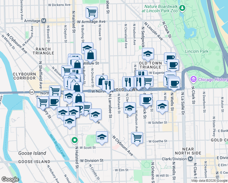 map of restaurants, bars, coffee shops, grocery stores, and more near 551 West North Avenue in Chicago