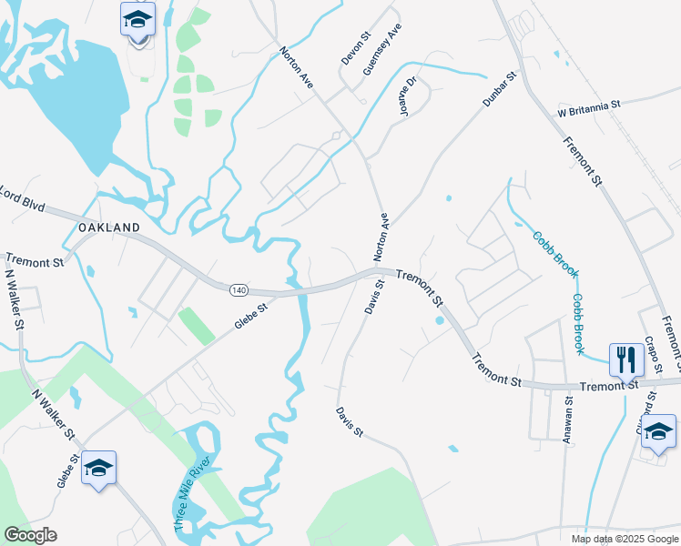 map of restaurants, bars, coffee shops, grocery stores, and more near 30 Carmicle Drive in Taunton