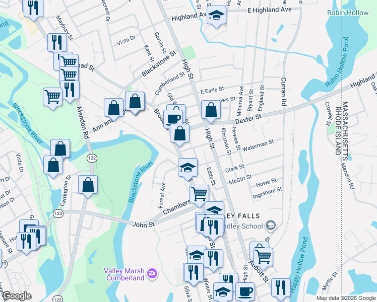 map of restaurants, bars, coffee shops, grocery stores, and more near 17 Pleasant Street in Cumberland