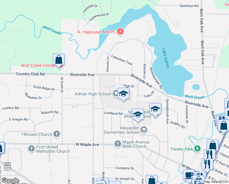 map of restaurants, bars, coffee shops, grocery stores, and more near 785 Riverside Avenue in Adrian
