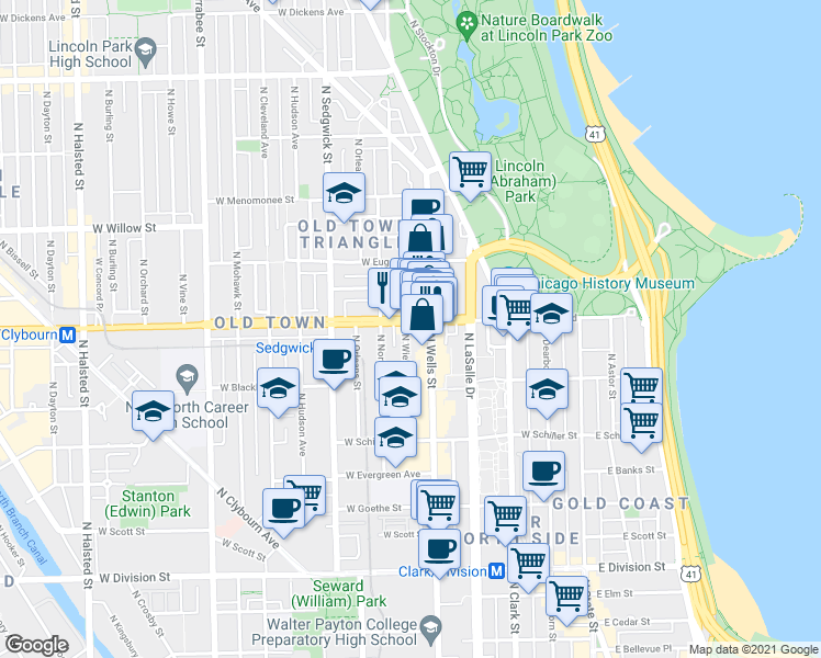 map of restaurants, bars, coffee shops, grocery stores, and more near 234 West North Avenue in Chicago