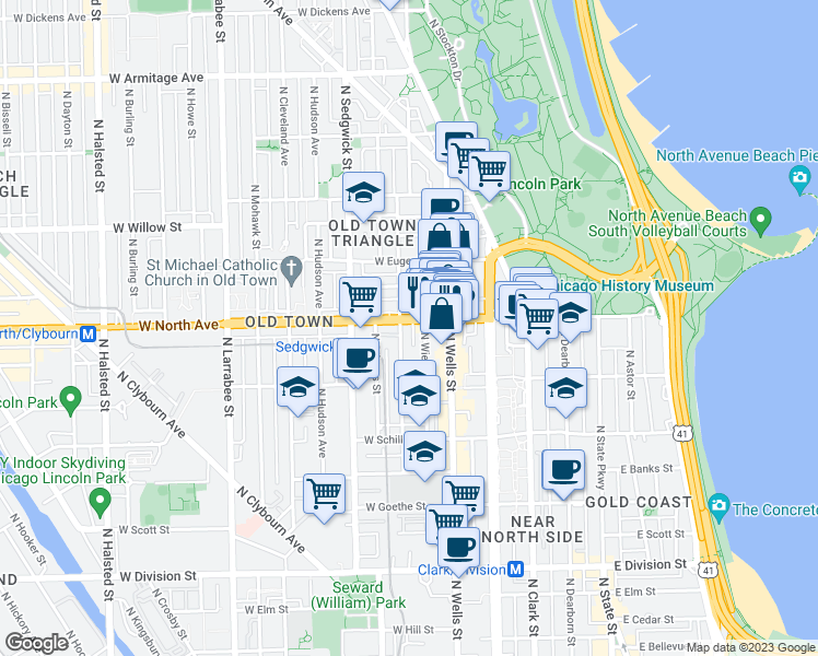 map of restaurants, bars, coffee shops, grocery stores, and more near 234 West North Avenue in Chicago