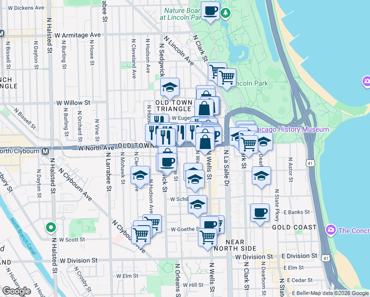 map of restaurants, bars, coffee shops, grocery stores, and more near 330 West North Avenue in Chicago