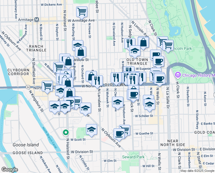 map of restaurants, bars, coffee shops, grocery stores, and more near 1615 North Mohawk Street in Chicago