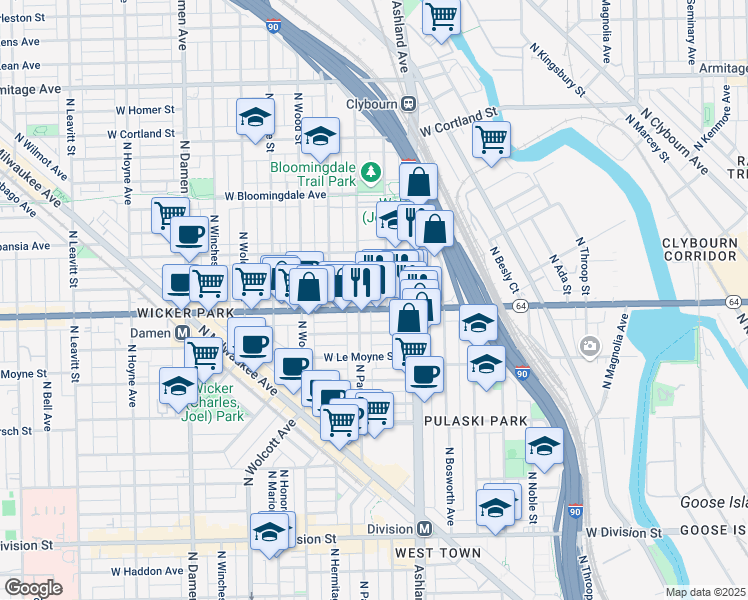 map of restaurants, bars, coffee shops, grocery stores, and more near 1628 North Marshfield Avenue in Chicago