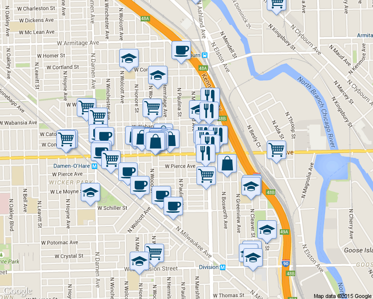 map of restaurants, bars, coffee shops, grocery stores, and more near 1616 Illinois 64 in Chicago