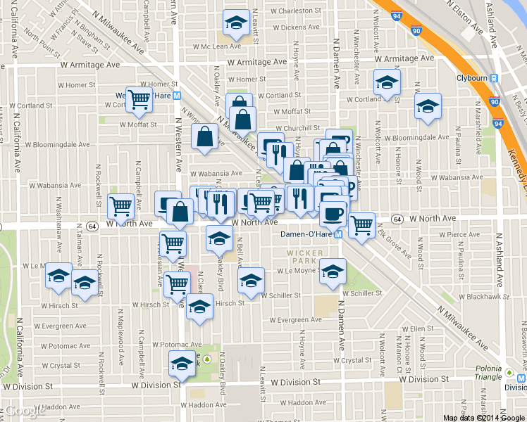 map of restaurants, bars, coffee shops, grocery stores, and more near 1638 North Leavitt Street in Chicago