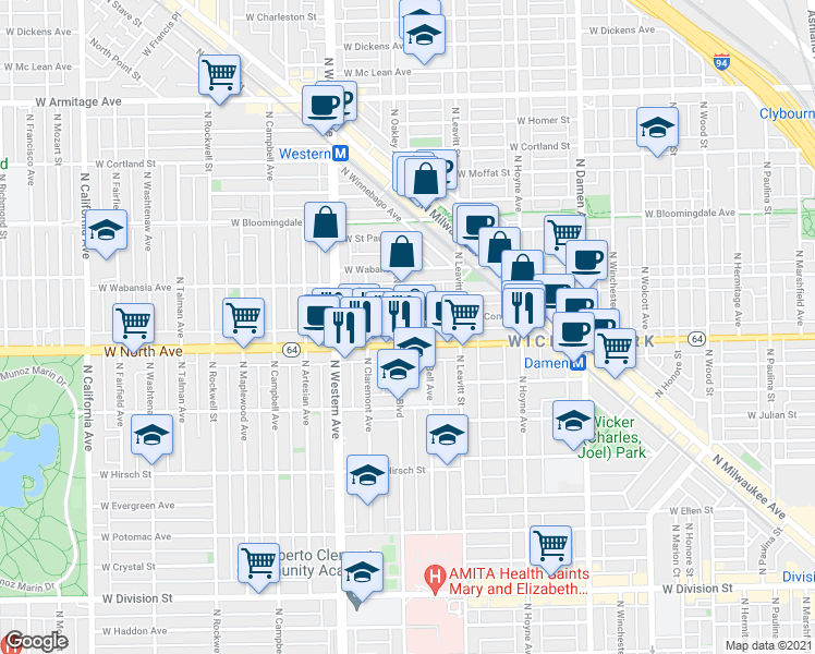 map of restaurants, bars, coffee shops, grocery stores, and more near 1638 North Bell Avenue in Chicago
